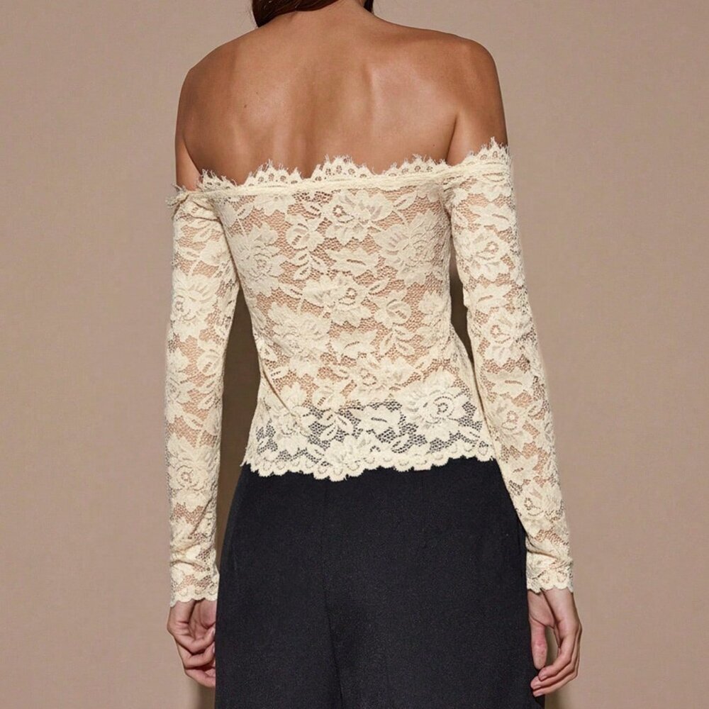 Apricot Elegant Women's Sexy Sheer Hollow Off Shoulder Long Sleeve Lace Top - Picture 2 of 6